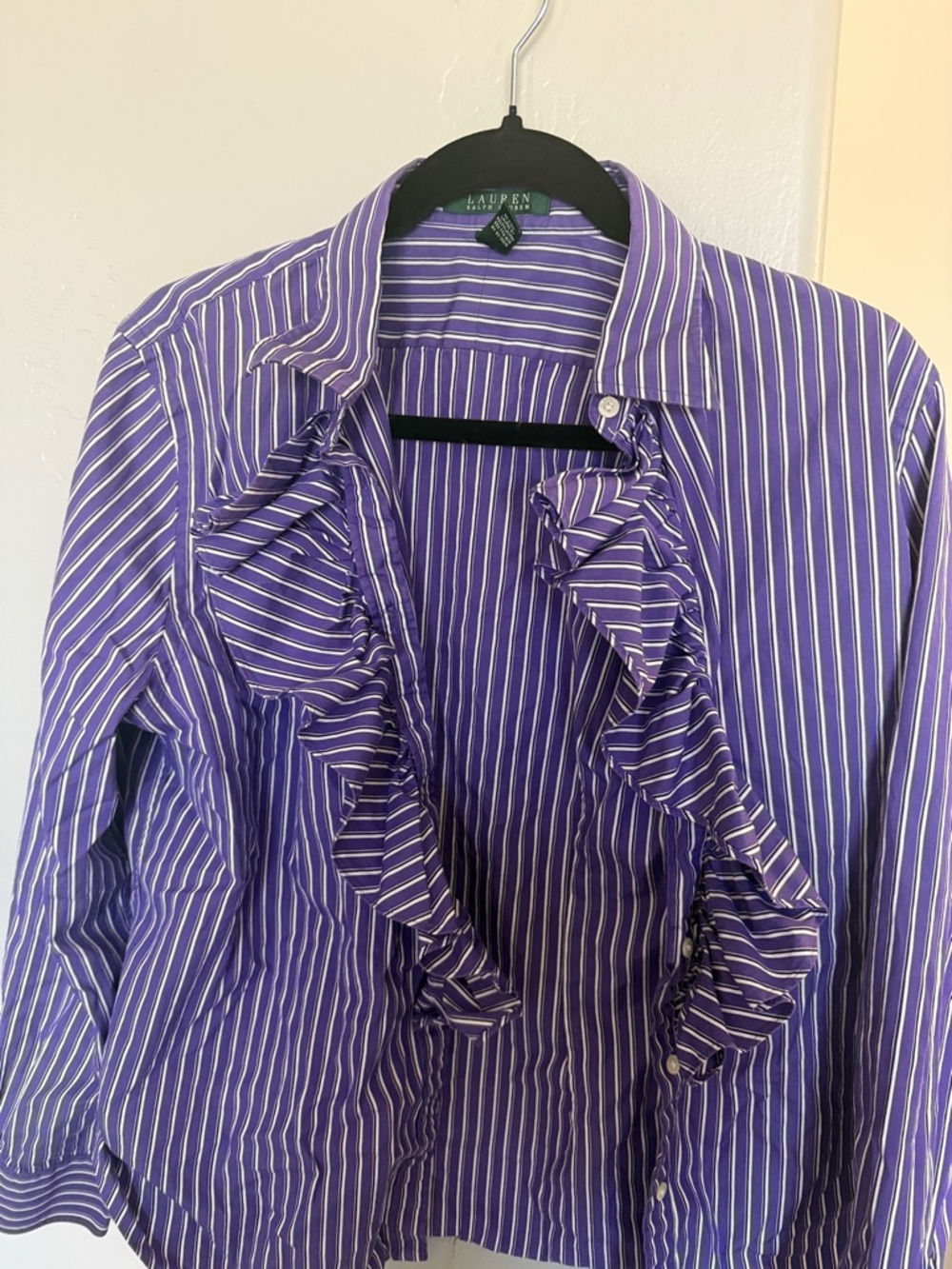 Lauren Ralph Lauren Purple and White Striped Ruffle Button-Down Shirt